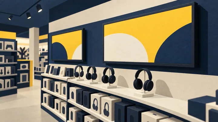 Two colour-only mounted media displays above headphones and boxed electronics in a paper store aisle.