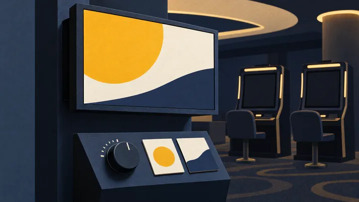 Large colour-field advertising screen with a selector knob and content cards, and two dark-screen gambling terminals behind it.